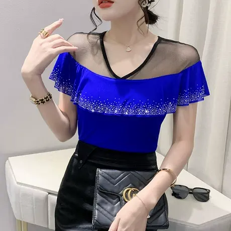 性感网纱V领T恤女短袖2023夏装新款时尚荷叶边上衣洋气修身小衫潮商品大图