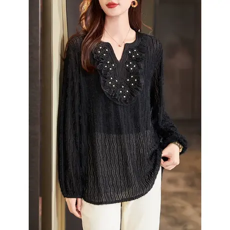 宝诗黎【新品价168元】V领钉珠拼接雪纺衫FFP2042商品大图