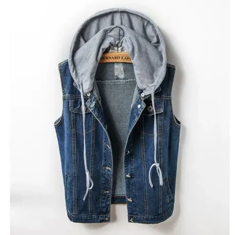 春秋韩版牛仔马甲女中长宽松新款无袖BF风背心外套深蓝大码连带帽图片