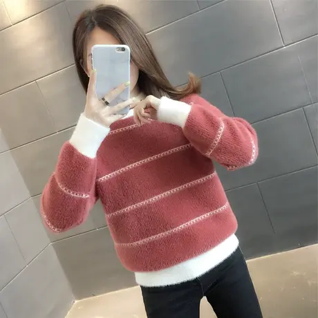 仿水貂绒毛衣女短款2023年新款冬季百搭洋气针织衫内搭打底衫加厚商品大图