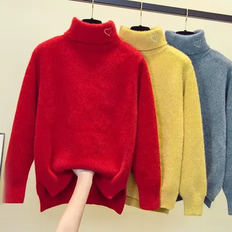 高领水貂绒毛衣女套头2022秋冬新款宽松上衣加厚打底衫洋气针织衫商品大图