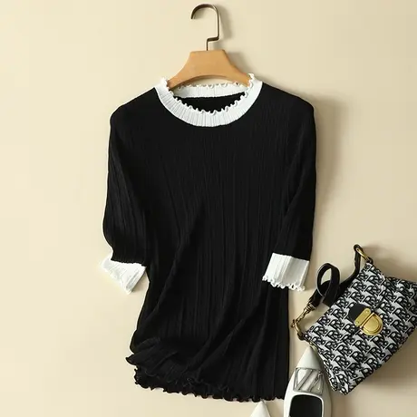 清仓！冰丝针织衫女上衣2024春夏新款白色五分袖修身显瘦打底短袖图片