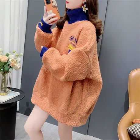 加绒加厚针织拼接高领羊羔毛卫衣女秋冬新款宽松慵懒风百搭外套潮商品大图
