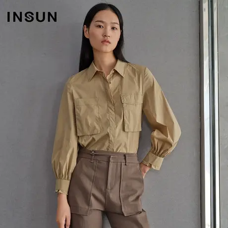 INSUN恩裳春季驼色口袋纯色长袖衬衫图片