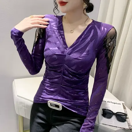 性感V领网纱T恤长袖2024春秋新款时尚烫钻褶皱上衣内搭打底衫女士图片