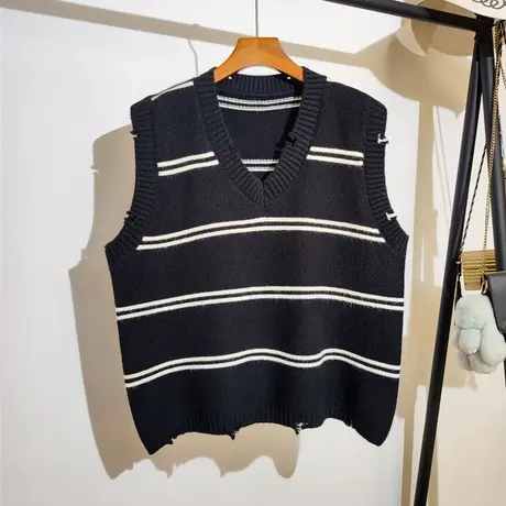 条纹针织马甲女秋冬2023新款宽松v领设计感小众毛衣背心坎肩外穿商品大图