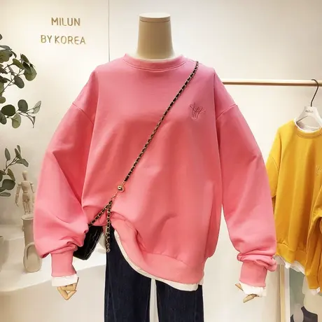 2021春装新款韩国东大门简约百搭刺绣字母假两件卫衣荷叶边拼接女图片