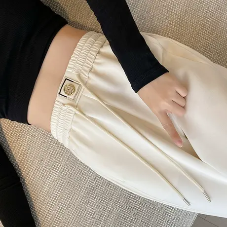 米白九分哈伦裤女春秋新款高腰显瘦宽松百搭抽绳休闲萝卜直筒裤子商品大图