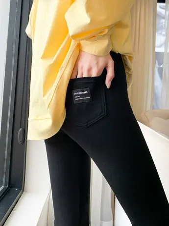 打底裤女外穿春秋款2021秋冬新款口袋纯棉紧身裤小脚灰色大码裤子商品大图