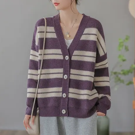 dza复古宽松V领粗条纹毛衣开衫女士春秋洋气漂亮上衣休闲针织外套商品大图