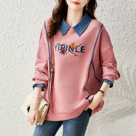 卫衣女春秋新款宽松加大码女装胖MM休闲减龄百搭刺绣显瘦翻领上衣商品大图