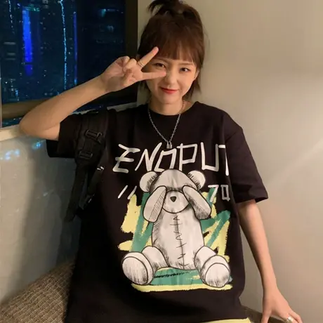 原宿风短袖t恤女2021新款夏季宽松韩版纯棉设计感小众上衣服ins潮商品大图