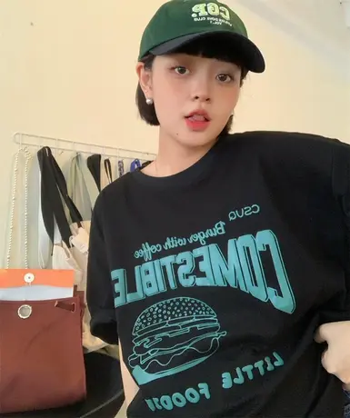 红续原创小众设计感汉堡包印花短袖t恤女2023年新款宽松夏季上衣商品大图