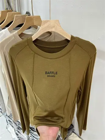 设计感小众明线针织衫羊绒印花直筒小衫女2023早秋新款圆领打底衫图片