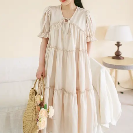 【买一送一】夏法式太妃色蛋糕连衣裙V领宫廷风大码宽松洋气裙子商品大图