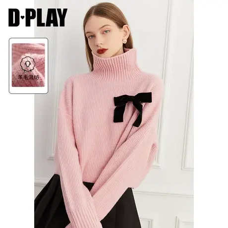DPLAY秋新软糯花簇粉长骆毛宽松短款落肩高领套头短款毛衣商品大图