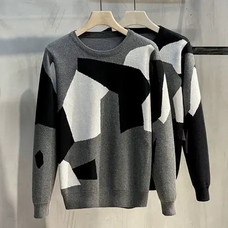 撞色秋冬季保暖色织毛衣男长袖厚款圆领套头保暖修身针织衫男士潮商品大图