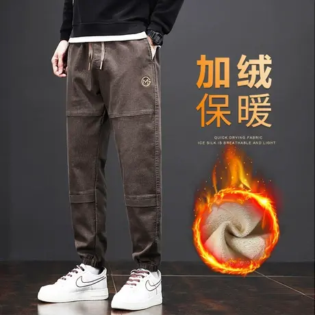 冬季加绒加厚高级感拼接休闲裤子秋冬款男士日系港风哈伦束脚工装商品大图