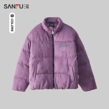 三福2023冬男士麂皮字母短棉衣 潮流立领面包服外套男479575商品大图