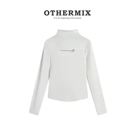 othermix 设计感前胸镂空半高领针织打底衫女秋冬新款修身内搭T恤图片