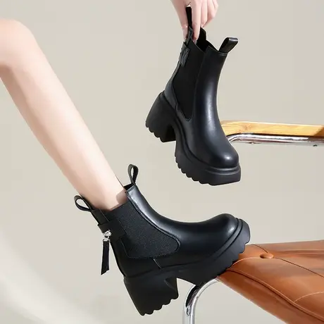 超火短靴女2024秋冬新款韩版厚底粗跟百搭高跟英伦风马丁靴女靴子图片