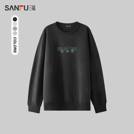 三福2023秋男士都市休闲圆领卫衣  简约宽松咖啡人结合字母476058商品大图