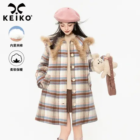 KEIKO [夹棉]学院风格纹毛呢大衣女23冬季英伦复古风中长款厚外套商品大图