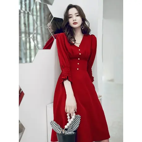 敬酒服新娘夏季酒红色晚礼服女时尚v领显瘦回门衣服平时可穿短款商品大图