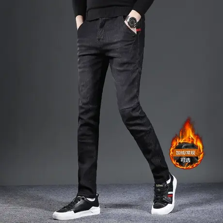 黑色加绒牛仔裤男款修身小脚2023新款秋冬款韩版弹力显瘦男士裤子图片
