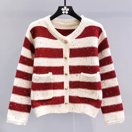 小香风撞色条纹毛衣外套女冬季2024新款宽松时尚洋气减龄针织开衫商品大图