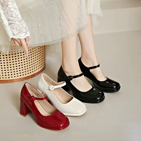法式高跟鞋女粗跟不累脚浅口方头单鞋气质婚鞋复古小皮鞋玛丽珍鞋图片