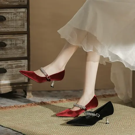 玛丽珍单鞋女2024年新款尖头水钻细跟高跟鞋酒红色中跟婚鞋伴娘鞋商品大图