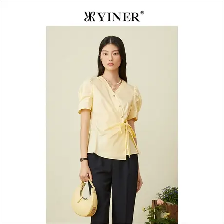 YINER音儿女装2022夏季蝴蝶结黄色泡泡袖V领衬衫图片