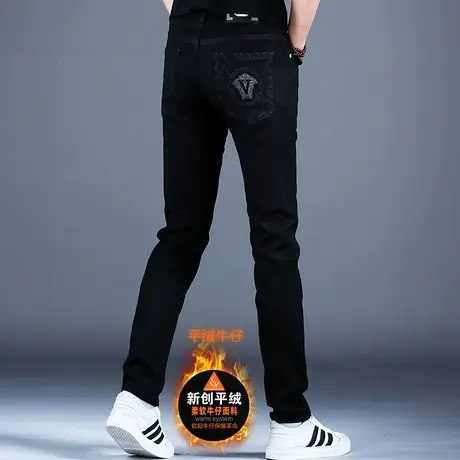 加绒加厚黑色牛仔裤男款2023新款秋冬季裤子潮流男士小脚修身弹力商品大图