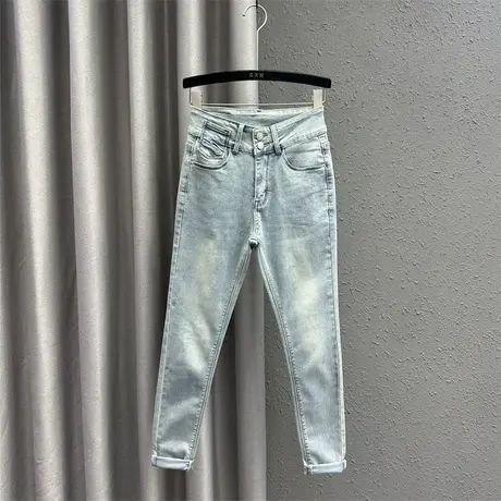 港风韩版小脚铅笔裤女2024春季新款浅蓝色两粒扣高腰显瘦牛仔长裤图片