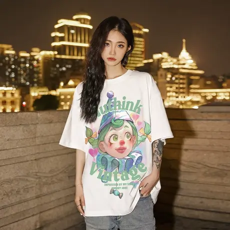 欧美潮流直喷可爱小丑T恤男女同款潮牌大码宽松短袖夏季半袖上衣商品大图