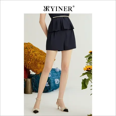 YINER音儿女装2022夏季通勤褶皱钉珠休闲款裤图片