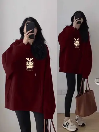 大码胖mm港风连帽卫衣宽松慵懒风加绒外套女ins潮龙年情侣装上衣图片