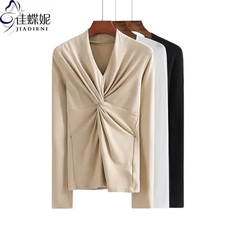 春秋季韩版纯白纯色褶皱V领修身显瘦女装上衣内搭长袖打底衫T恤图片