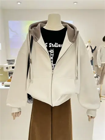 春秋百搭慵懒小众港风拼色复古宽松拉链连帽卫衣女帽衫开衫外套图片