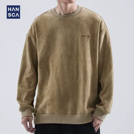 hansca加厚重磅卫衣男秋冬季潮牌水洗日系复古麂皮绒刺绣休闲长袖图片