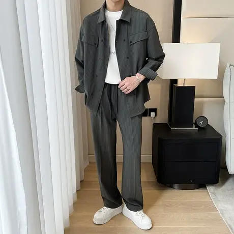 条纹肌理感双排扣衬衫男长袖春夏冰丝小众设计感衬衫阔腿裤一套装图片