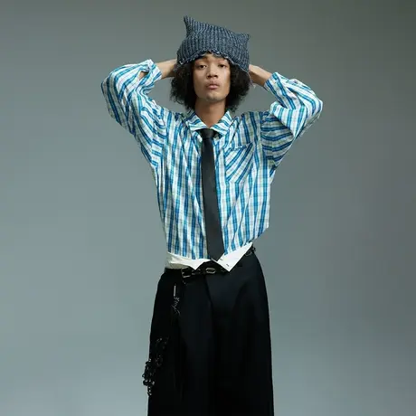 潮牌复古蓝色格子衬衫男春秋季新款百搭宽松美式街头情侣宽松衬衣图片