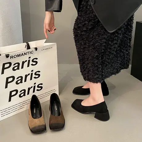 法式晚风方头浅口粗高跟鞋女2024新款复古美拉德不累脚小皮鞋单鞋图片