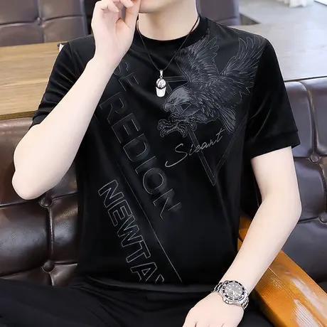 短袖T恤男士金丝绒烫钻休闲百搭加肥加大码半袖体恤潮牌男装上衣图片