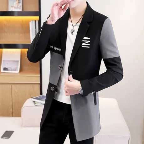 西装男士春秋季中长款时尚外套潮流韩版休闲风衣帅气修身刺绣西服商品大图