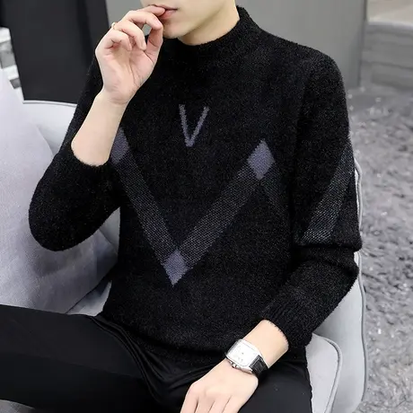 2023秋冬季新款仿貂绒针织衫保暖加厚毛线衣韩版男士中领内搭毛衣商品大图