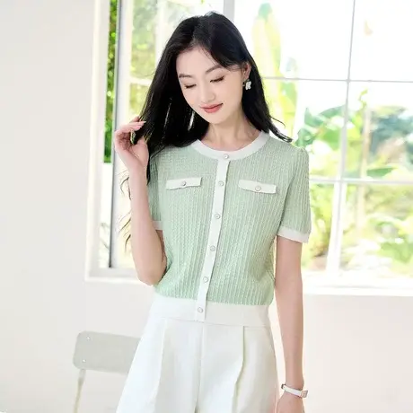 时尚气质小香风短袖针织衫2023年夏季新款女温柔圆领显瘦通勤上衣商品大图
