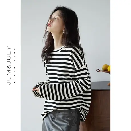 嘉茱莉2023秋季新款撞色条纹针织衫女圆领套头针织上衣短款打底衫商品大图