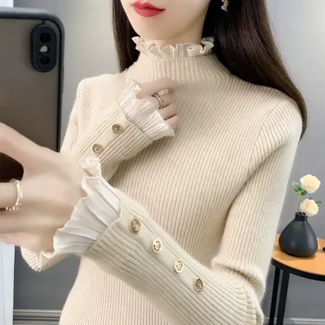 蕾丝半高领毛衣女打底衫2023秋冬新款套头内搭上衣外穿加厚针织衫图片